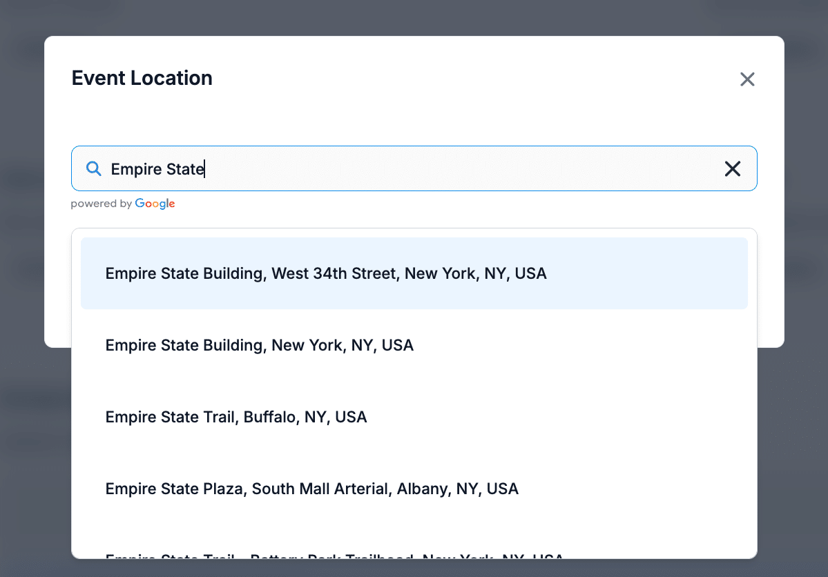 Screenshot showing how to add a location to your Donorbox event.