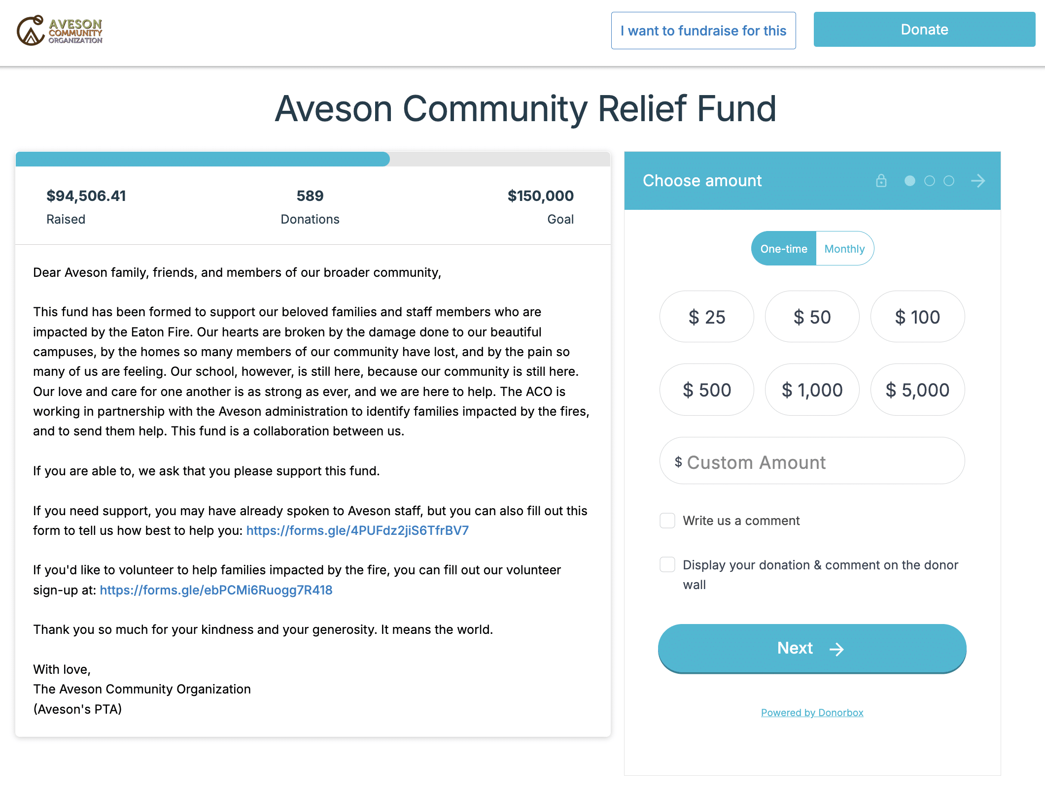 Screenshot of the Aveson Community Relief Fund for the Los Angeles wildfires.