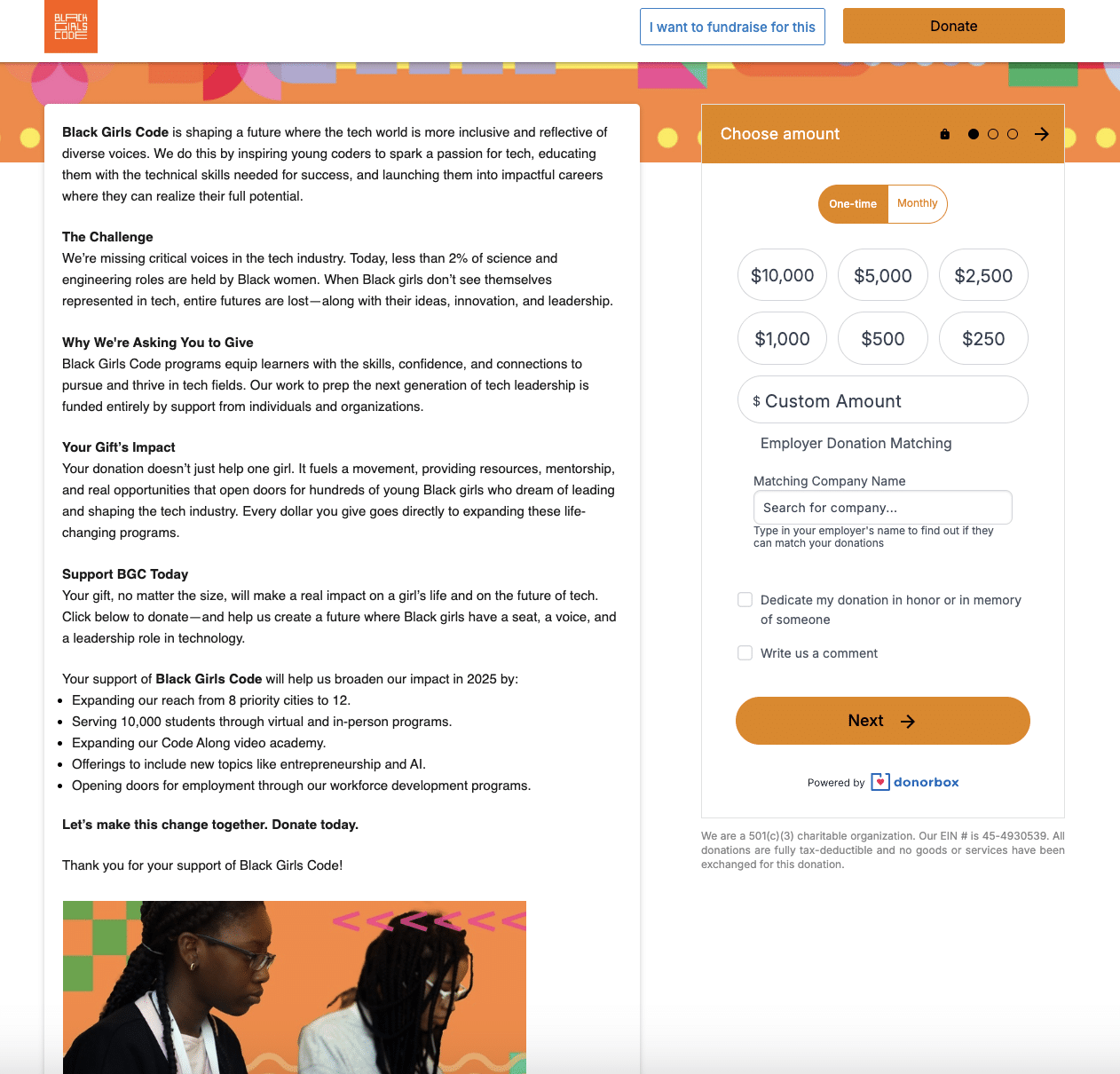 Screenshot of Black Girls Code's Donorbox donation page.