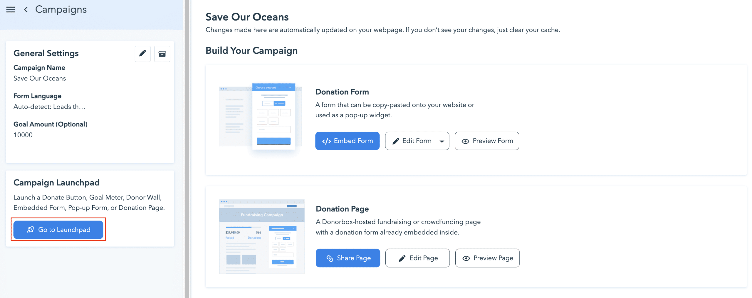 Screenshot showing where to locate the Campaign Launchpad.