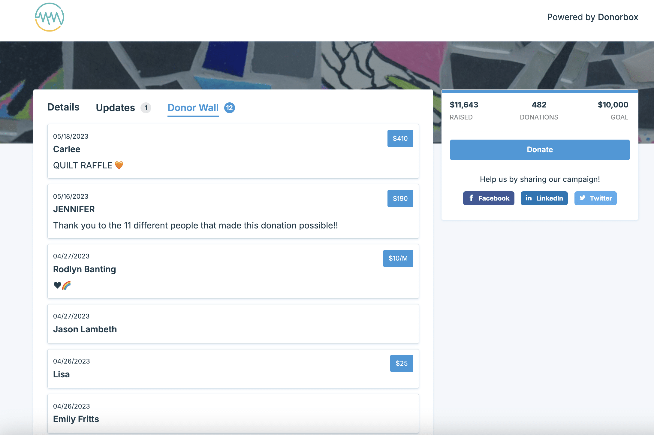 Screenshot of an organization's crowdfunding page with a donor wall enabled.