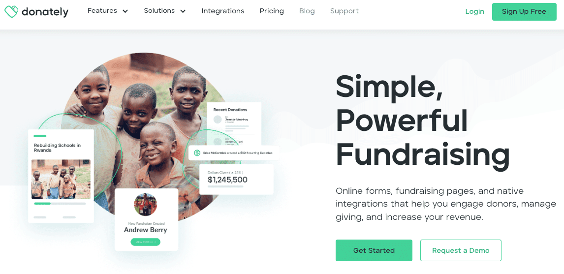 Screenshot of the Donately homepage.