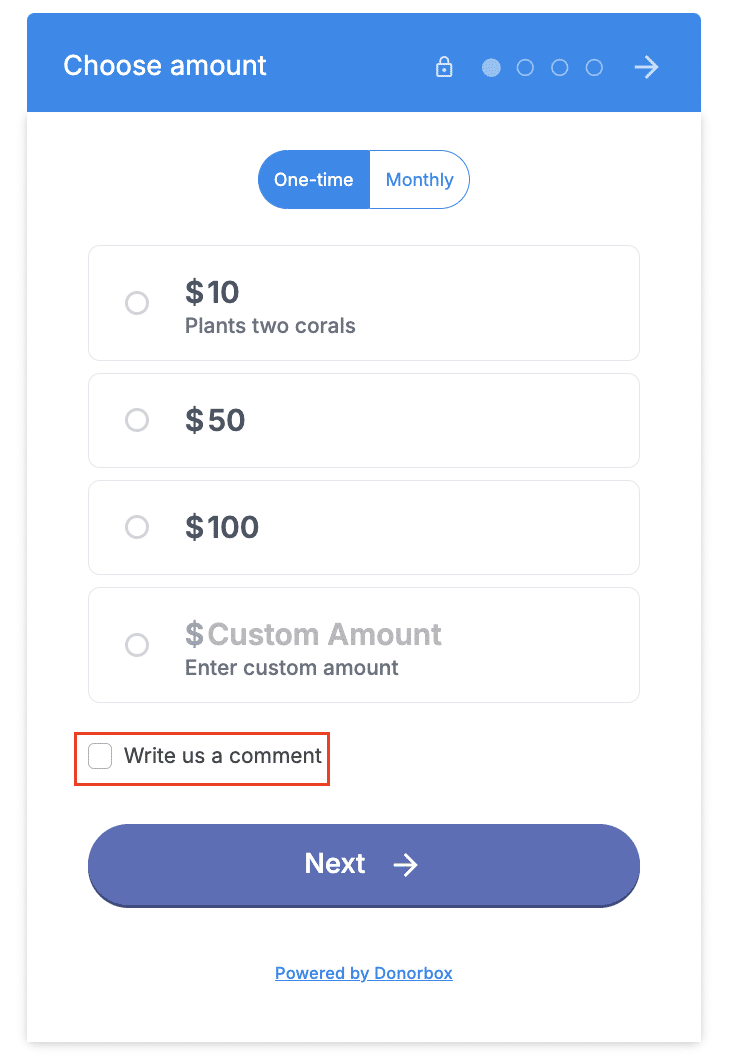 Screenshot of a Donorbox donation form with comments enabled.