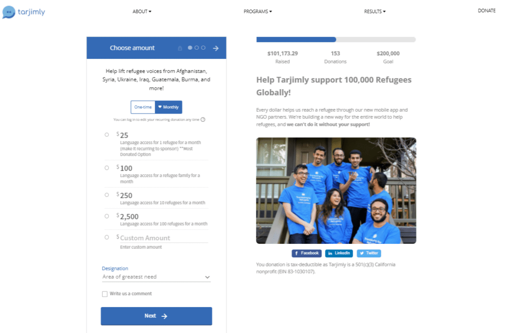 An example of a Donorbox Dontion Form with a goal meter, used by the Tarjimly organization.