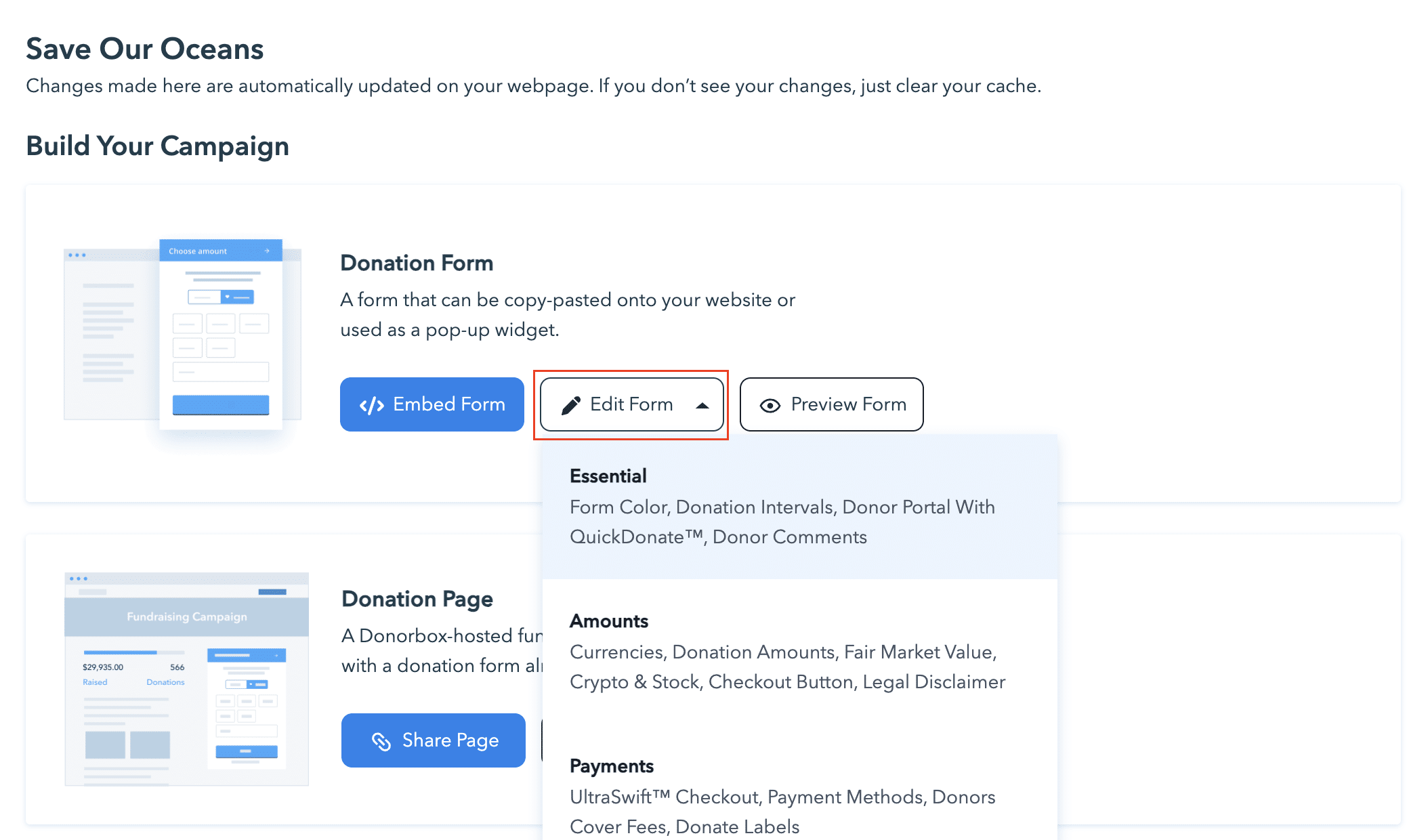 Screenshot showing where to access the donation form editor.
