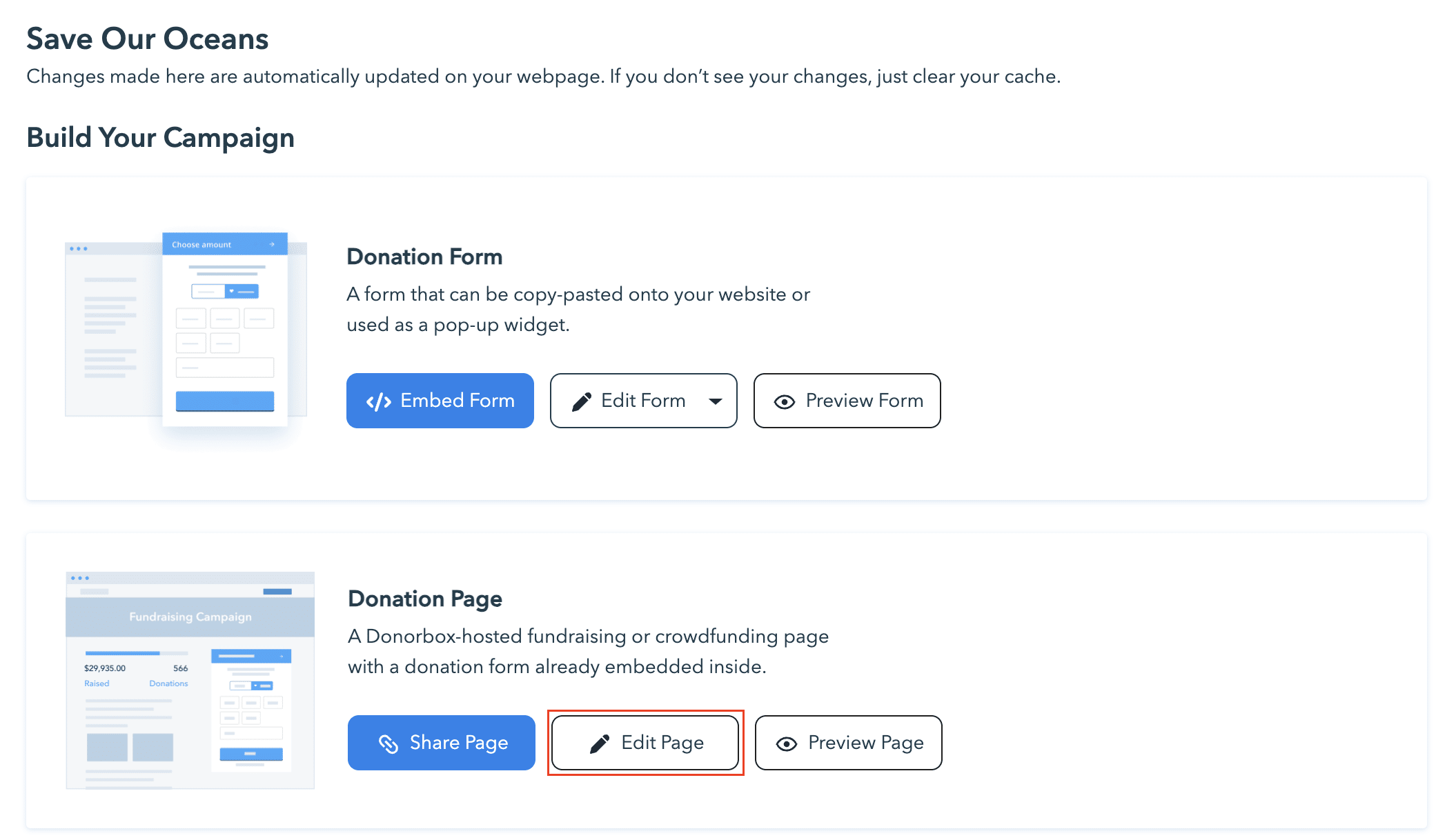 Screenshot showing the editing options for a Donorbox campaign.