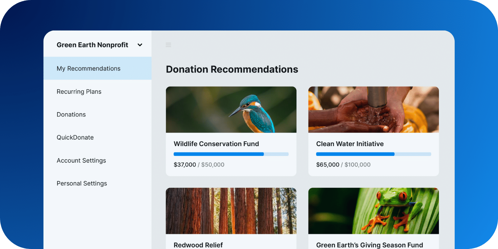 Image shows the recommendations section of the Donorbox Donor Portal.