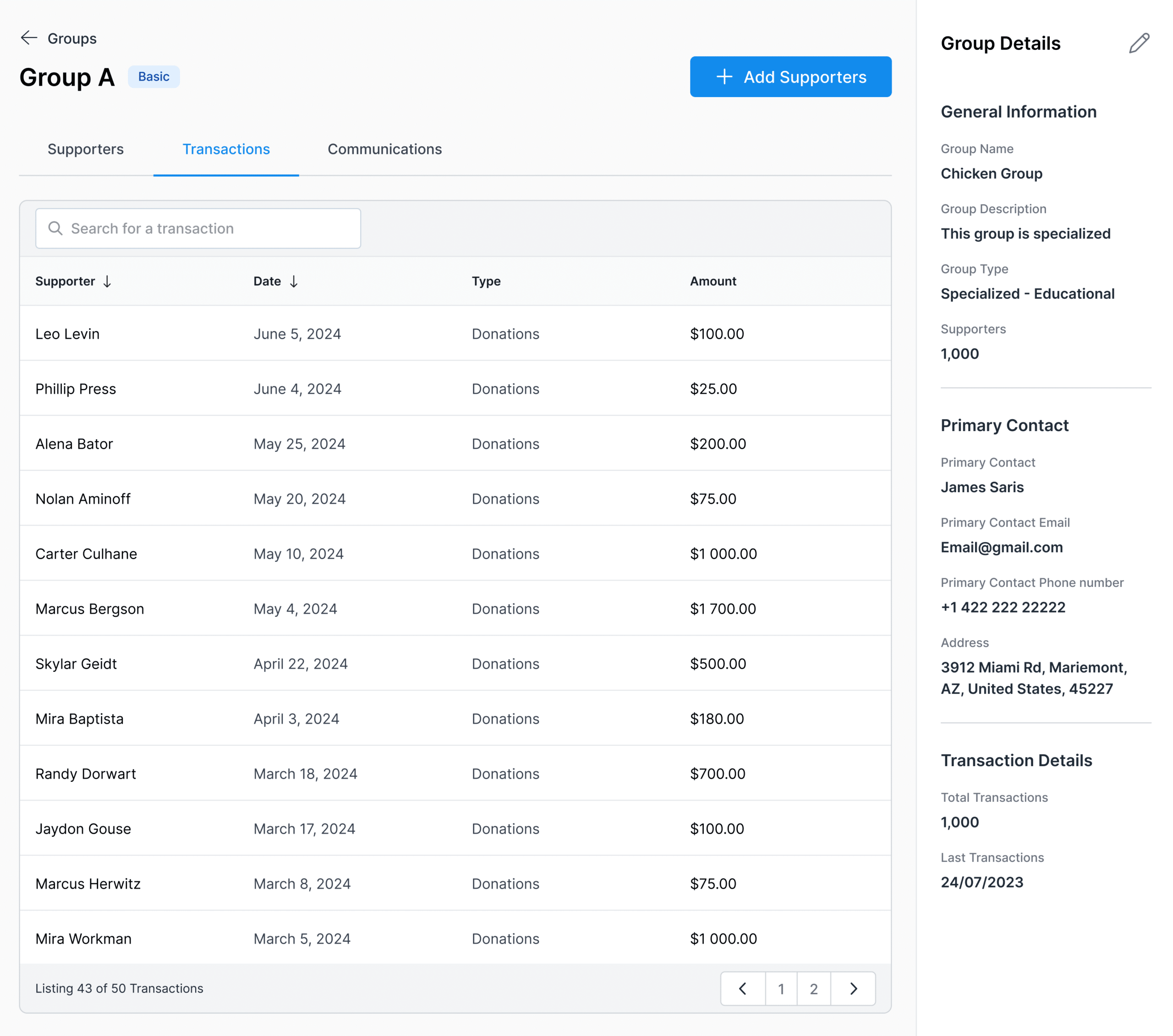 Screenshot showing an example of a group of supporters in Donorbox CRM's Groups function.