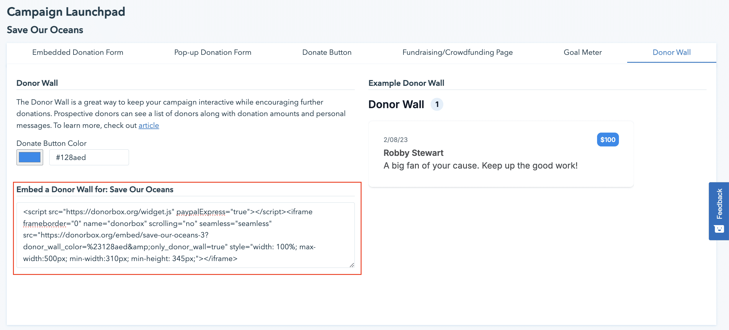 Screenshot showing the donor wall tab of the Campaign Launchpad.