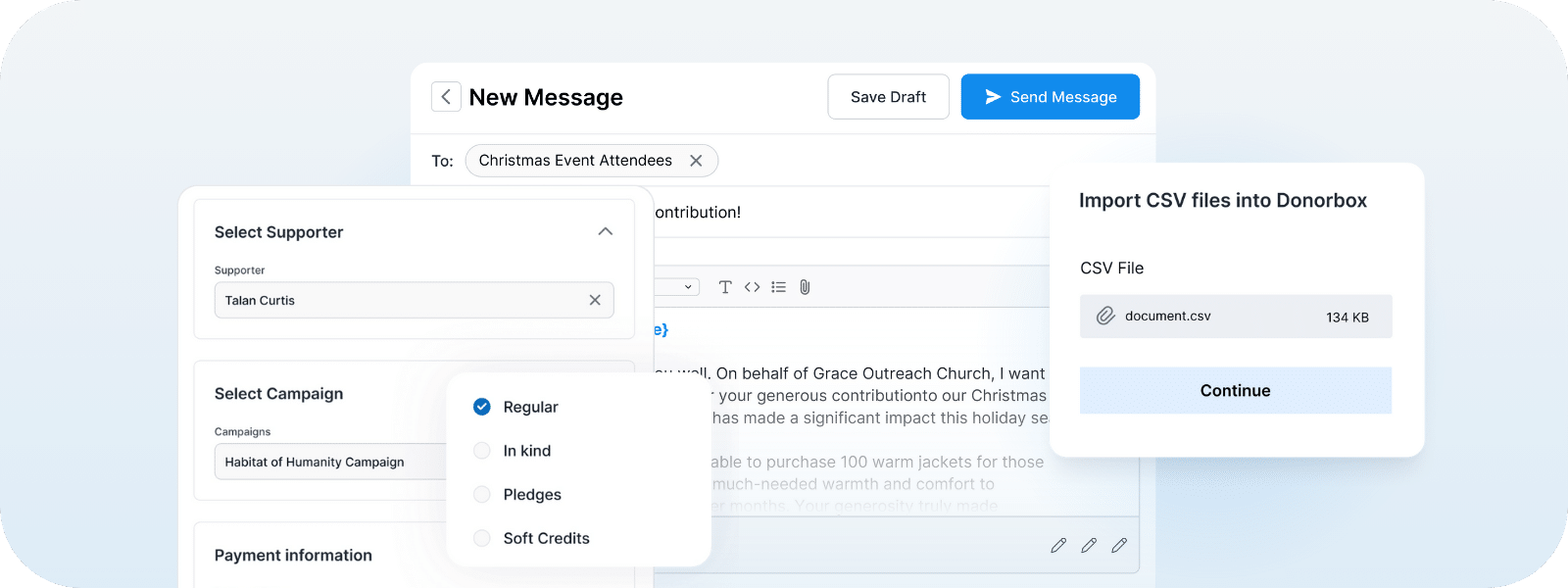 Image shows Donorbox CRM features.