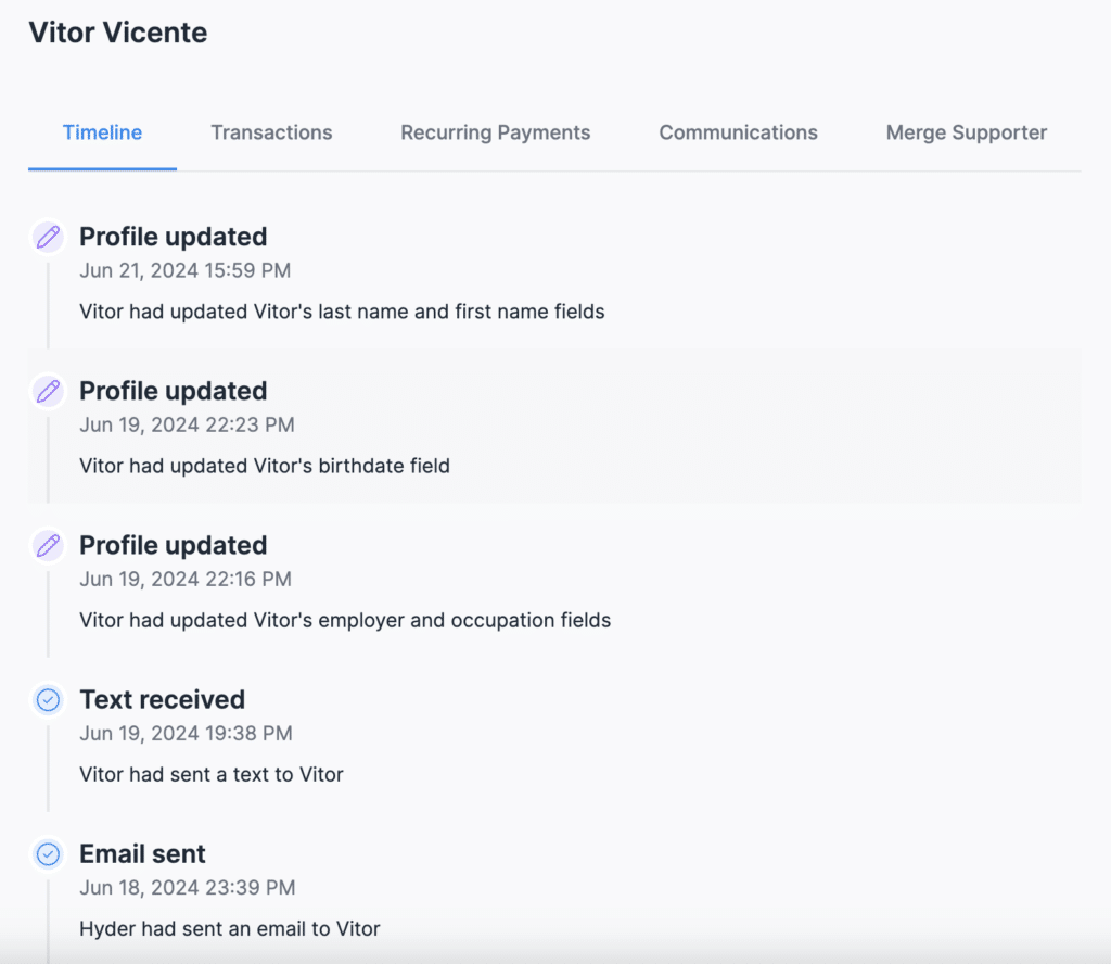 Screenshot showing the supporter timeline feature of Donorbox CRM