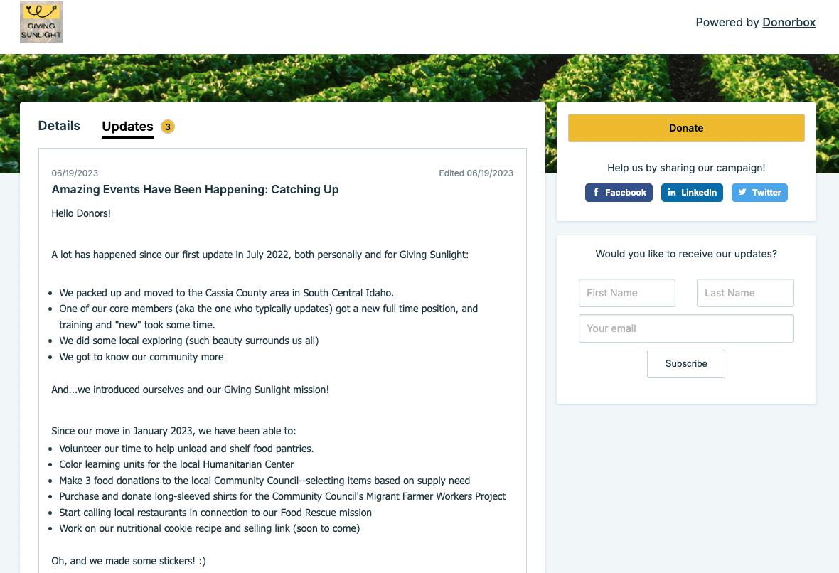 Screenshot of an organization providing updates on their Donorbox Crowdfunding page.