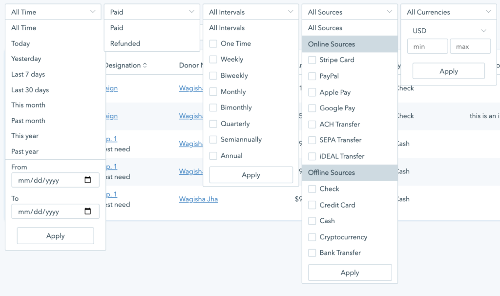 Screenshot showing the filters you can apply to your donor data through Donorbox's donor management tools.