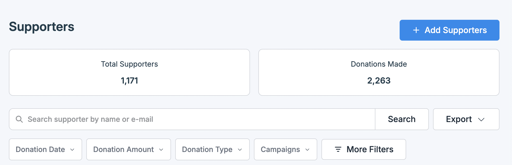 Screenshot of the Donorbox Supporters page.
