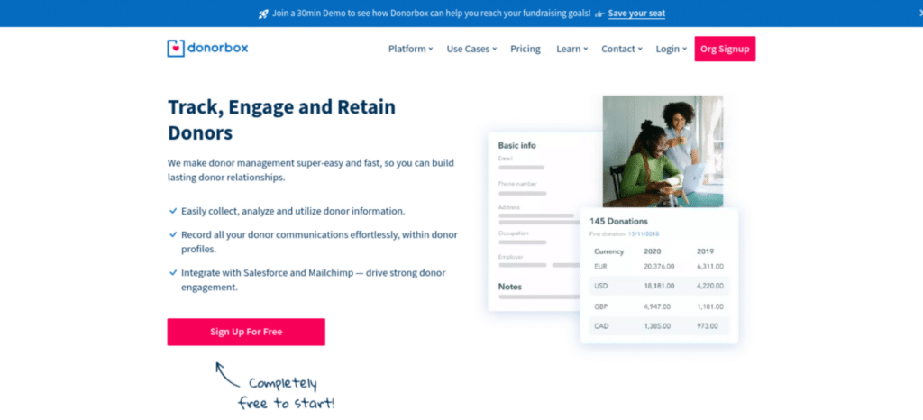 Donorbox Donor Management, which can be used as a wealth screening tool for nonprofits