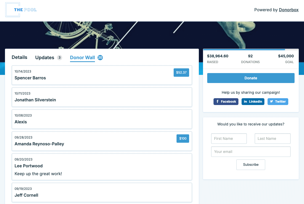 Screenshot of an organization using a donor wall on its Donorbox Crowdfunding page to recognize donors.