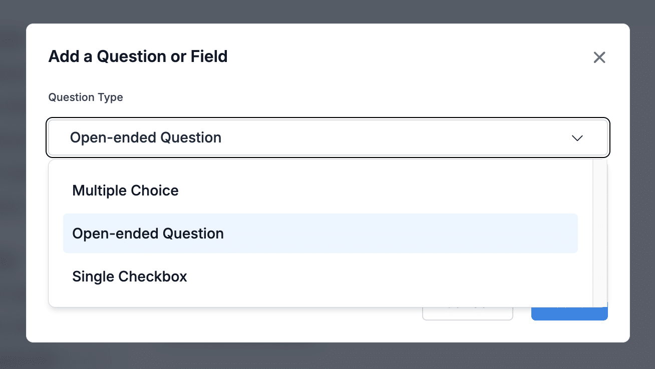Screenshot showing the custom questions options on Donorbox Events.
