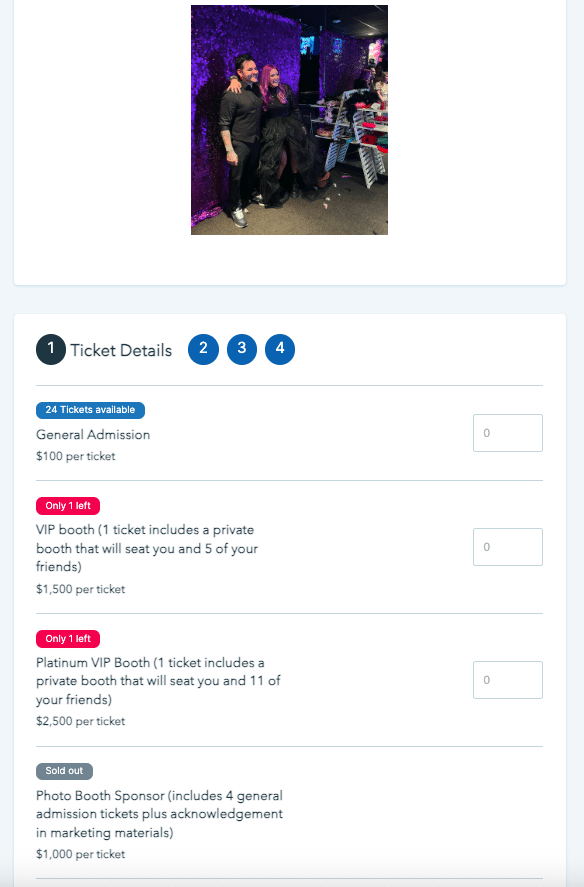 Screenshot from a nonprofit's Donorbox Events page showing different ticket tiers.