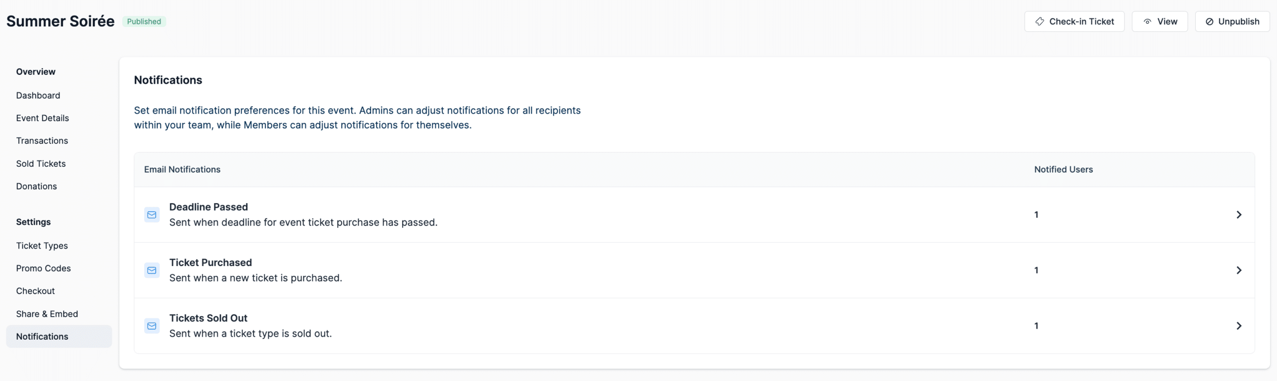 Screenshots showing where to edit email notifications for each Donorbox Event