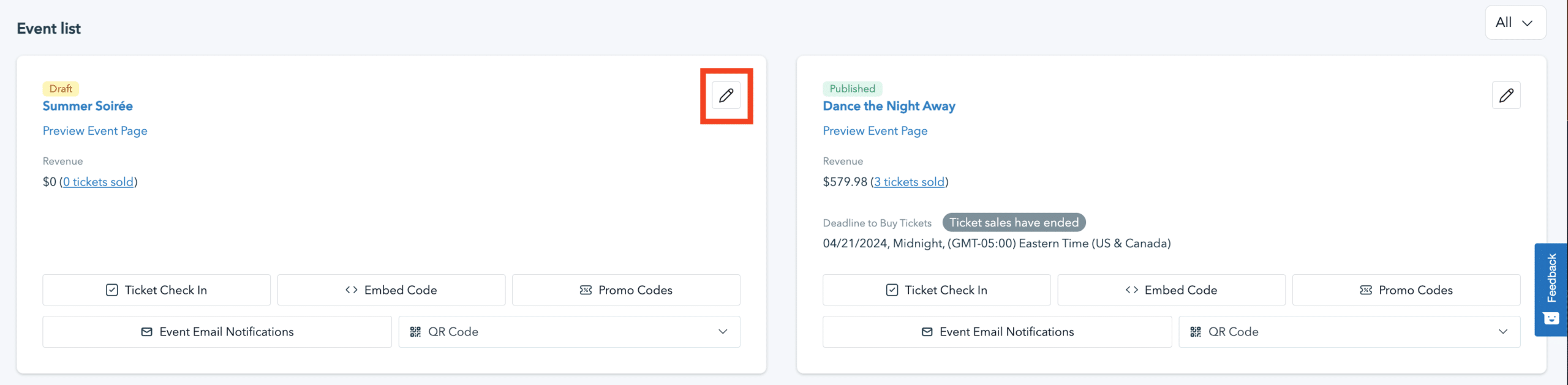 Screenshot showing the Event list and the edit icon in the Donorbox Events system