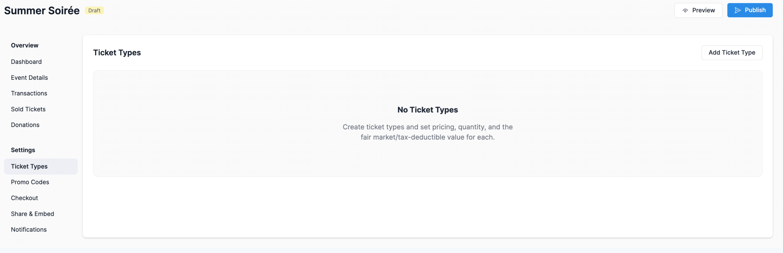 Screenshot showing the Ticket Types tab in Donorbox Events