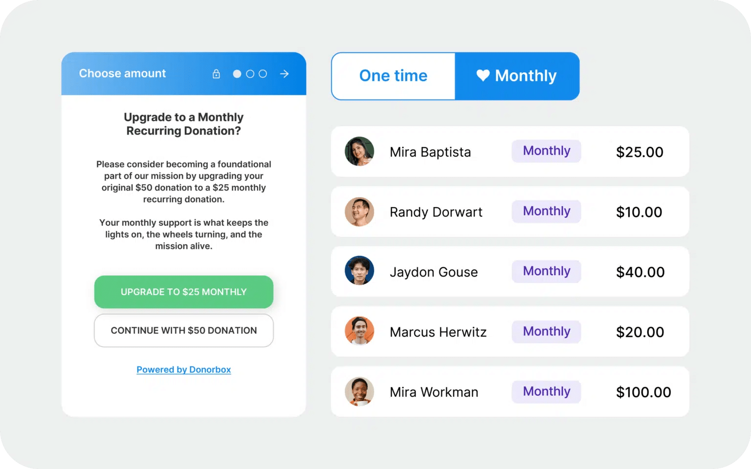 Screenshot showing Donorbox's Recurring Donation Upsell feature.