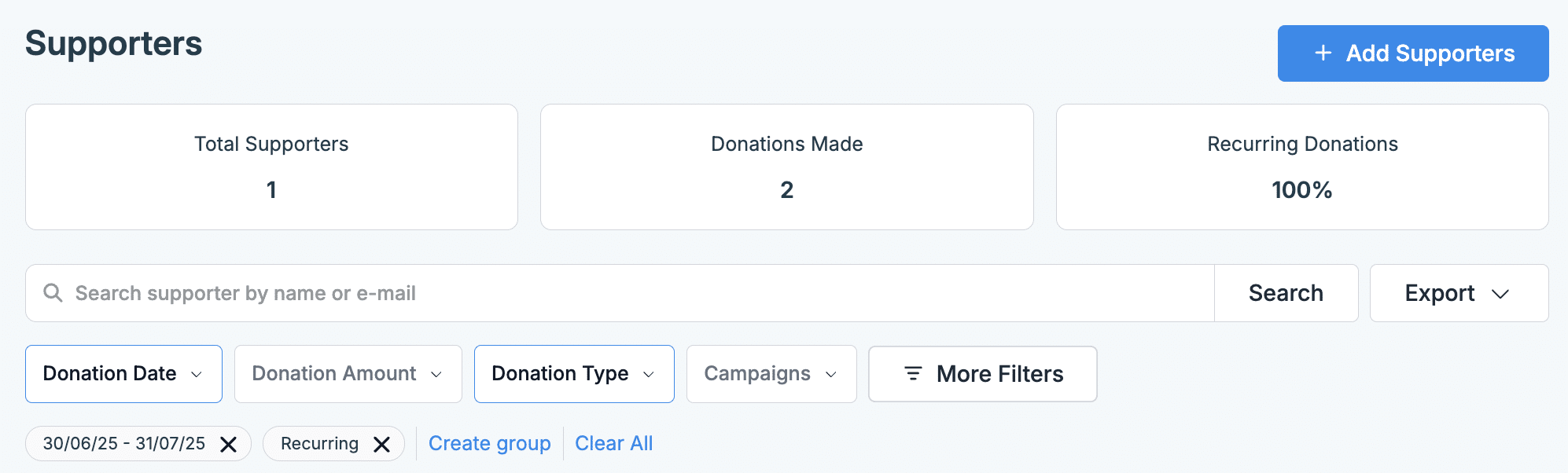 Screenshot of Donorbox's Supporters page with a variety of filters available.