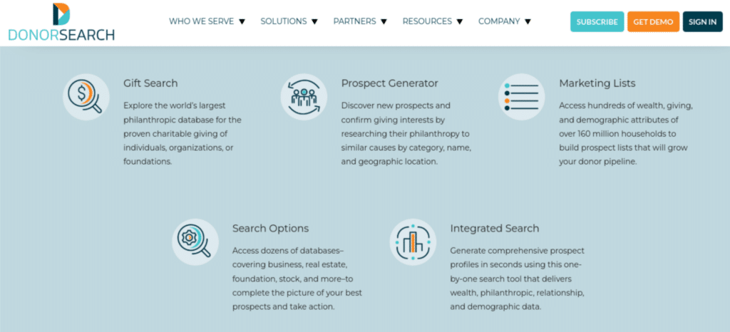 Screenshot of the DonorSearch website showing the benefits the company offers to users.