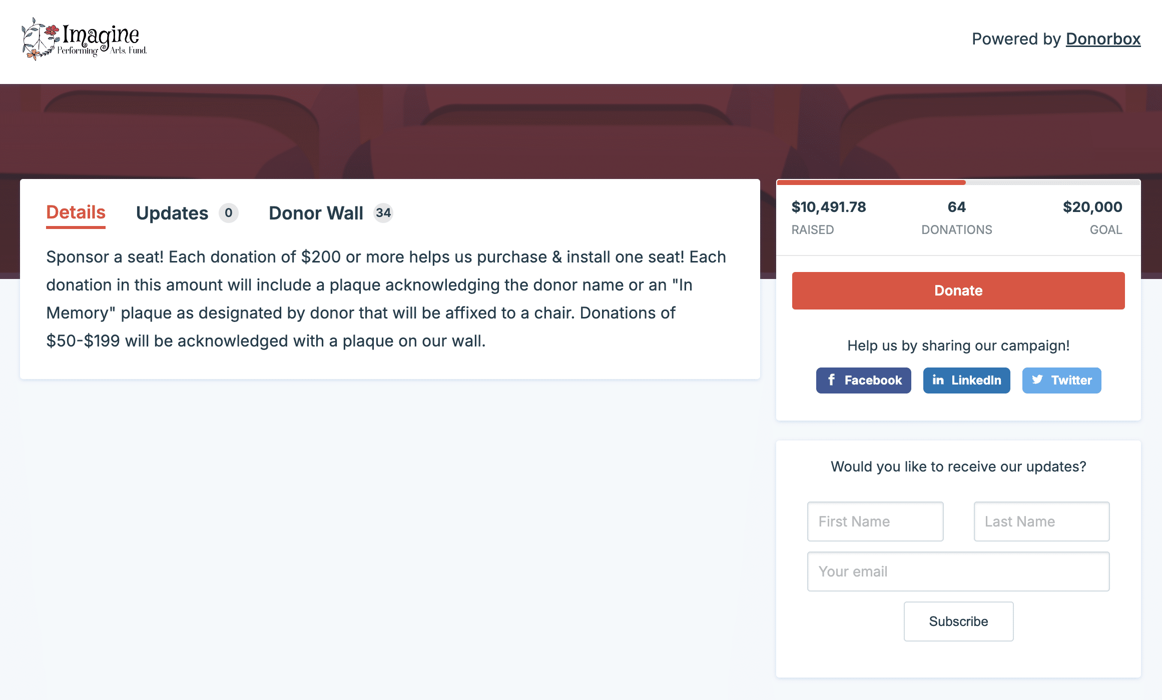 Screenshot of a drama club's Donorbox Crowdfunding page.