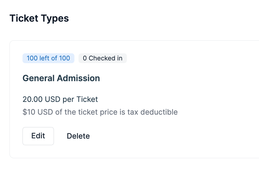 Screenshot showing how to edit a ticket type in Donorbox Events