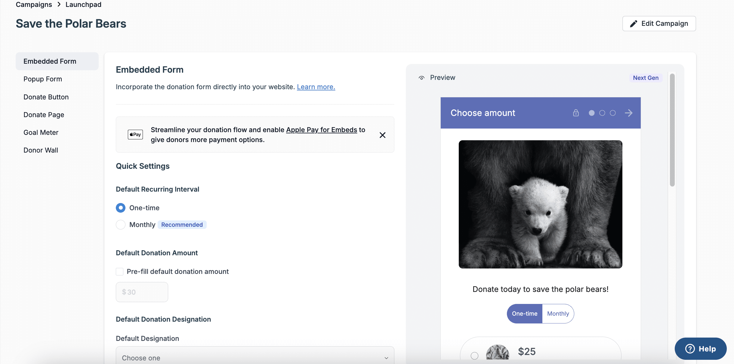 Screenshot showing the embedded form option on the campaign launchpad.