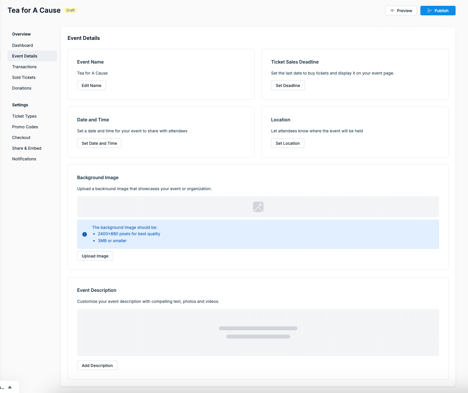 Screenshot showing the Event details page.