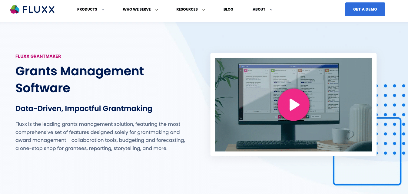 Screenshot of Fluxx's homepage showing their grant management software.