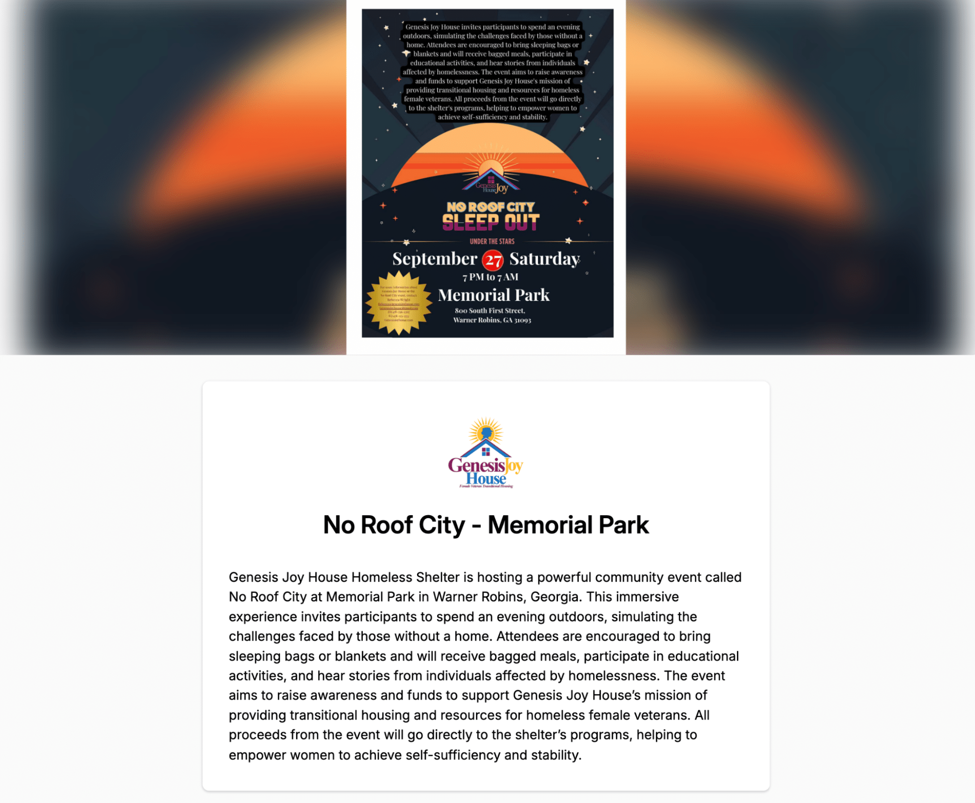 Screenshot of Genesis Joy House Homeless Shelter's Donorbox Events page.