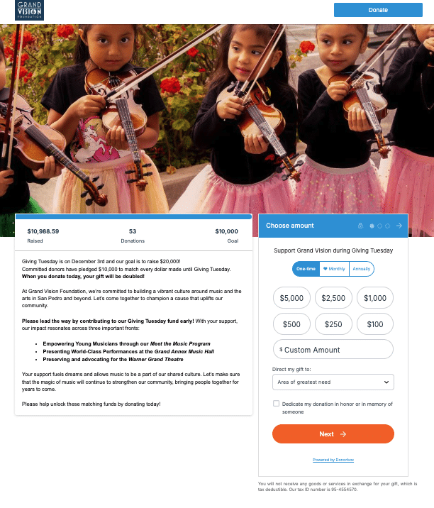 Screenshot of an organization's Donorbox crowdfunding page for Giving Tuesday.
