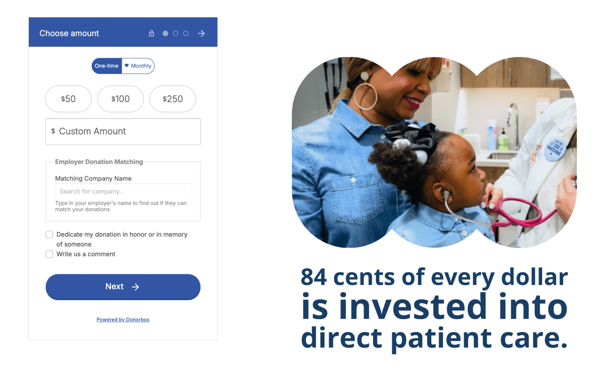 Screenshot of Healthcare for the Homeless's Donorbox donation form.