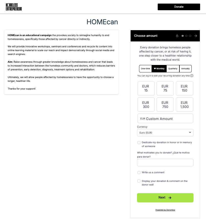 Screenshot of Homeless Entrepreneur's Donorbox donation form with their mission.