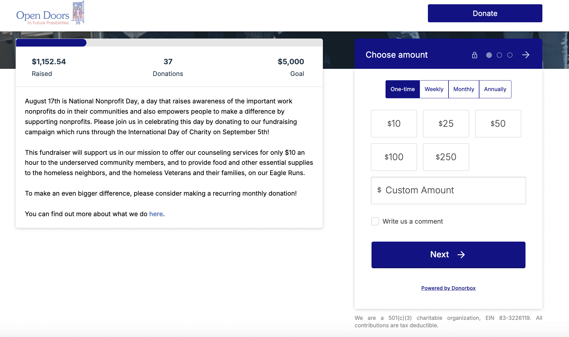 Screenshot of an organization's Donorbox donation page for their International Day of Charity campaign.