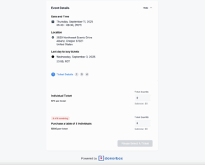 Screenshot of the Cumberland Community Events Center's Donorbox Events page 1