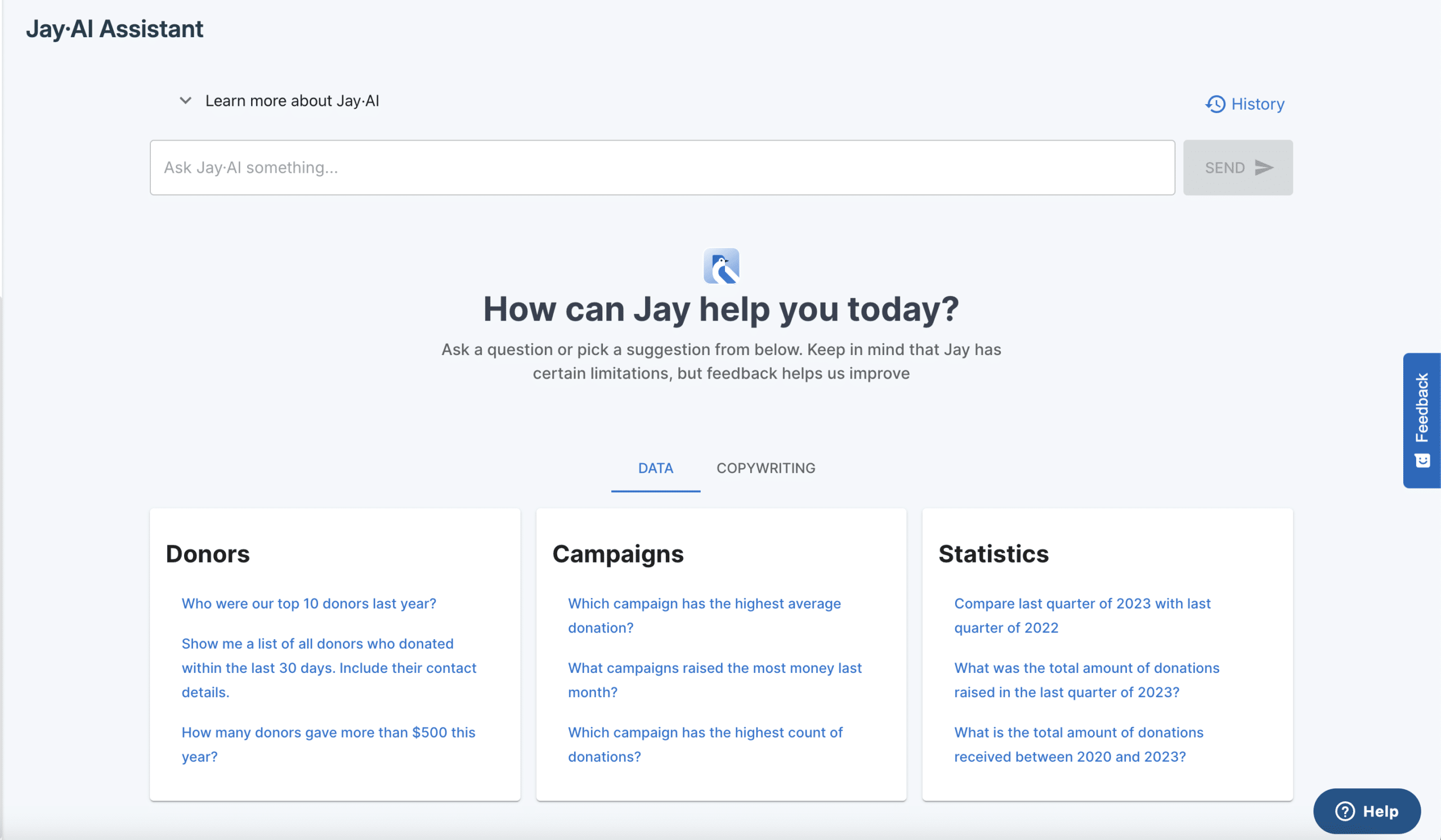 Screenshot shows Jay·AI in the main Donorbox dashboard.