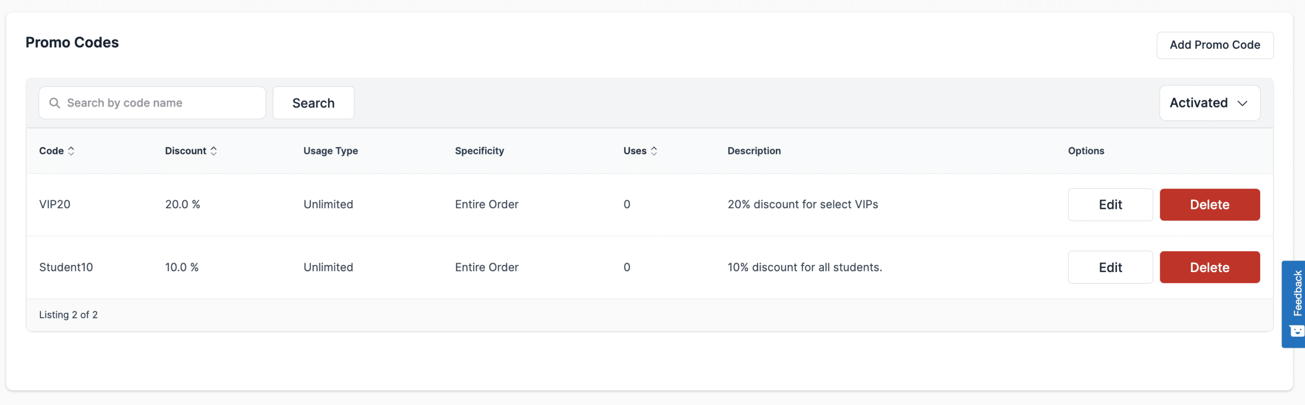 Screenshot showing the list of promo codes in Donorbox Events