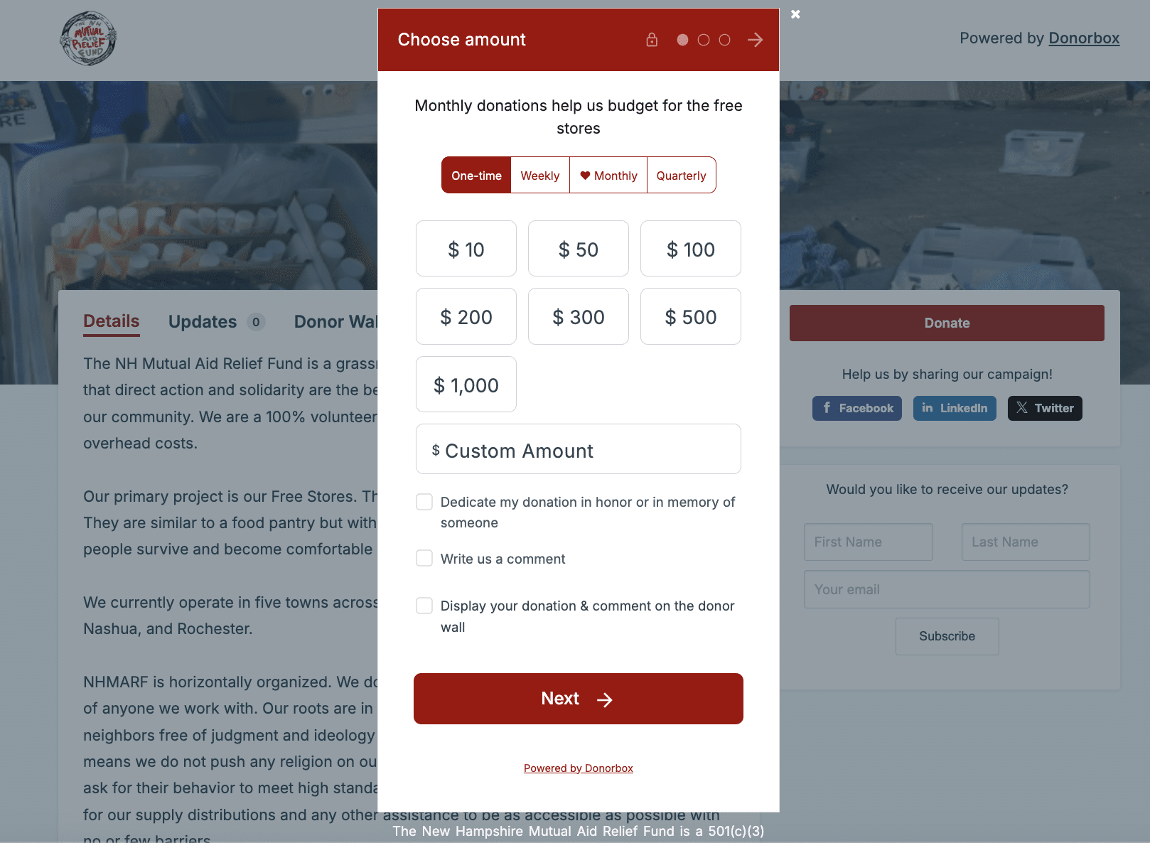 Screenshot of a Mutual Aid society's Donorbox donation form.