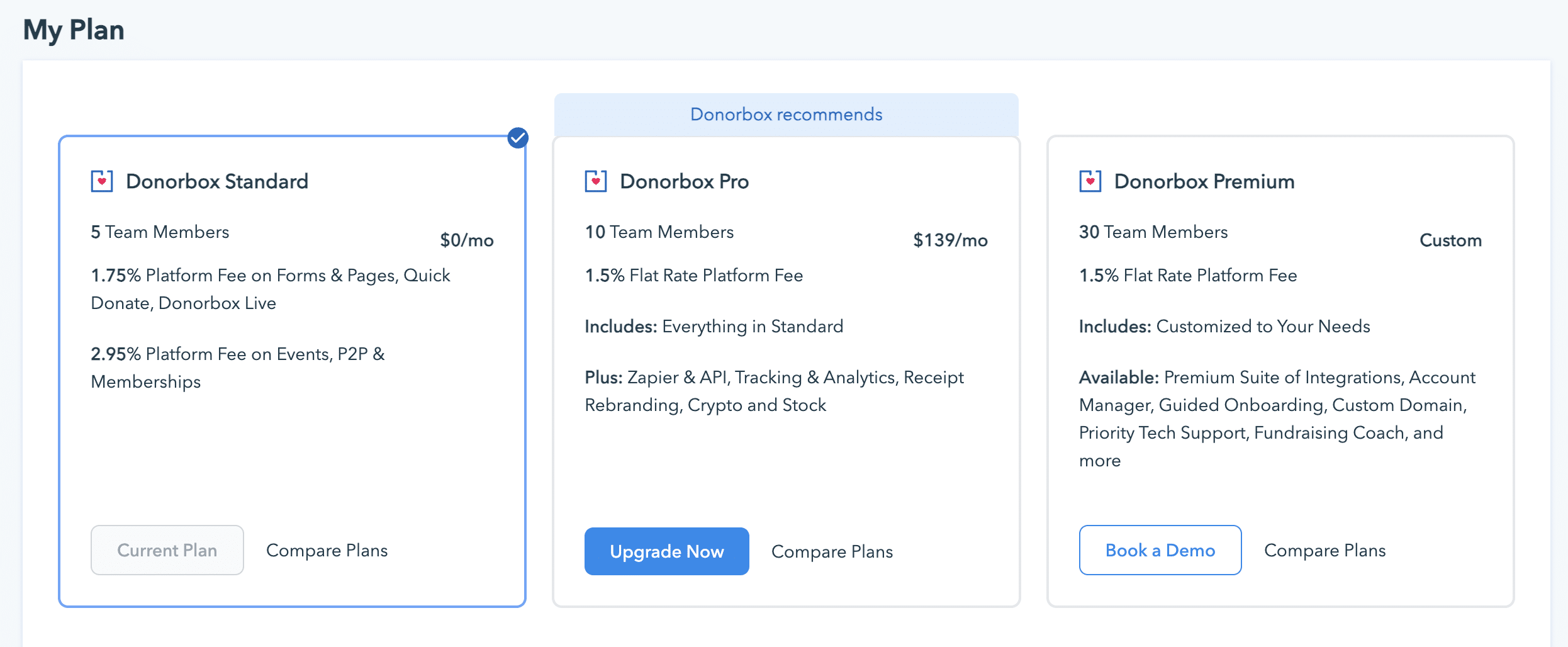 The My Plan page allows you to upgrade to Donorbox Premium.