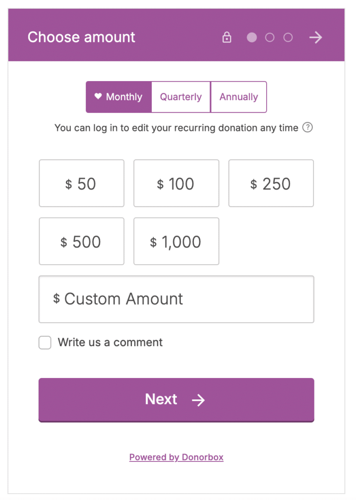 Example of New Beginnings using a Donorbox recurring donation form