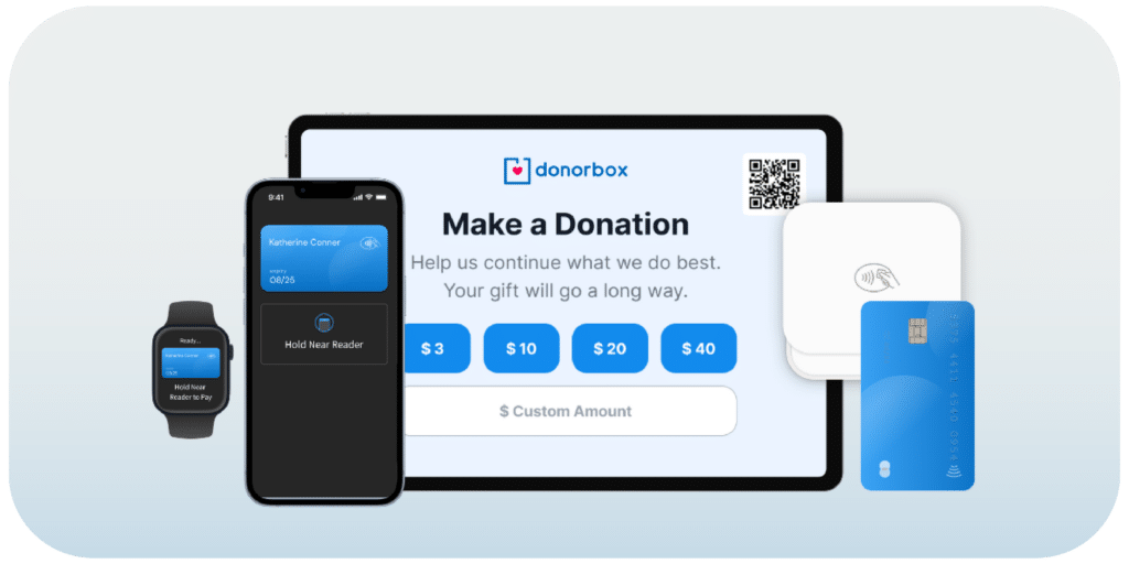 Image of Live Kiosk in action on a tablet, including three types of payment options - credit card, smartwatch, and smartphone.