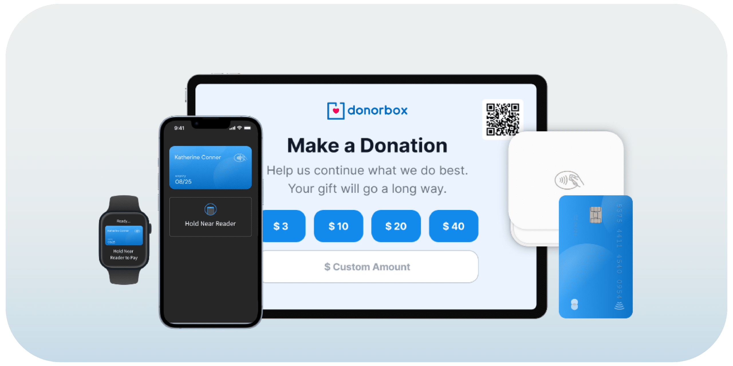 An image showing the Donorbox Live Kiosk app on a tablet, along with the payment methods donors can use (including a smartwatch, smartphone, and credit card).