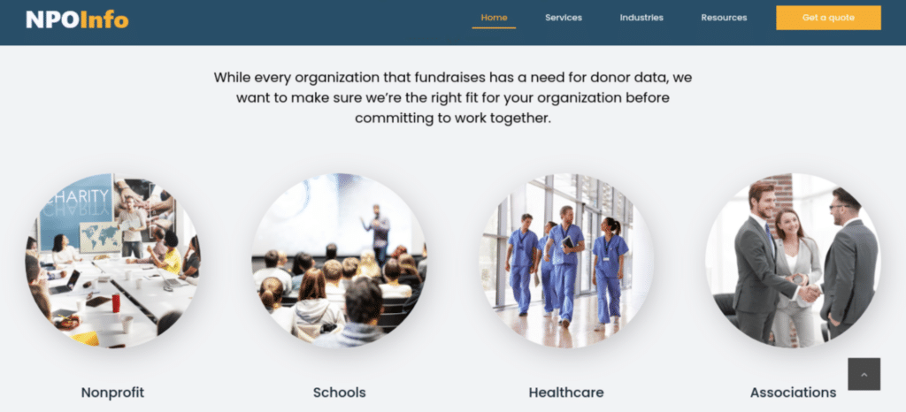 Screenshot of the NPOInfo website, showing the services they offer for wealth screening for nonprofits.