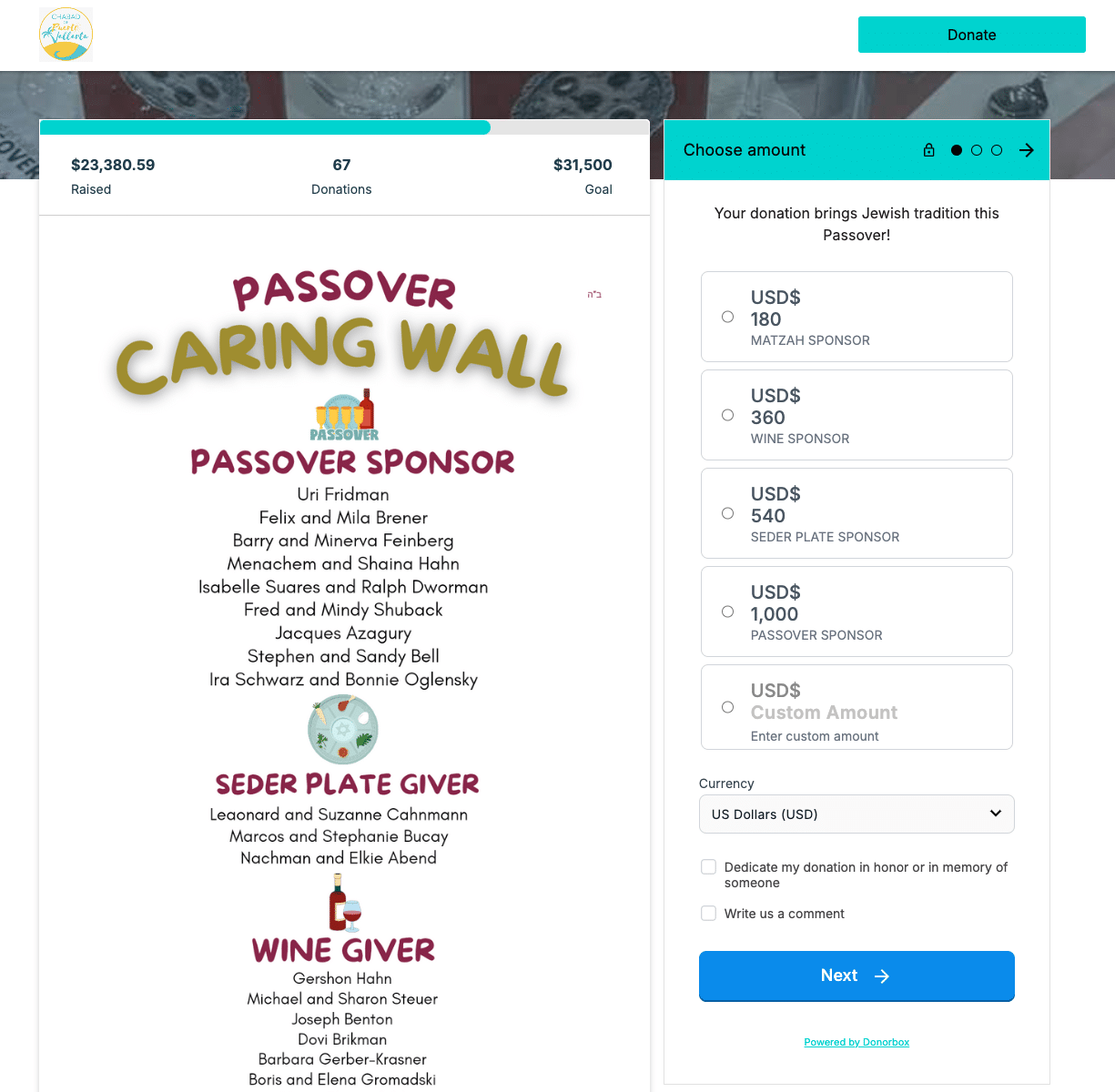 Screenshot showing an organization using Donorbox to fundraise for Passover.