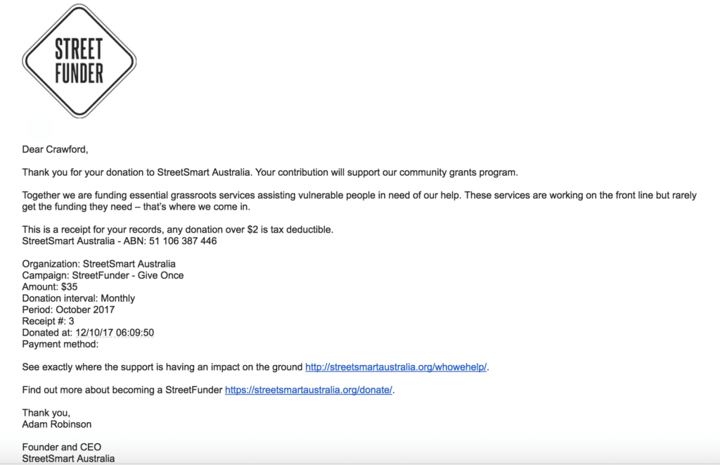 An example of a personalized receipt sent from Donorbox