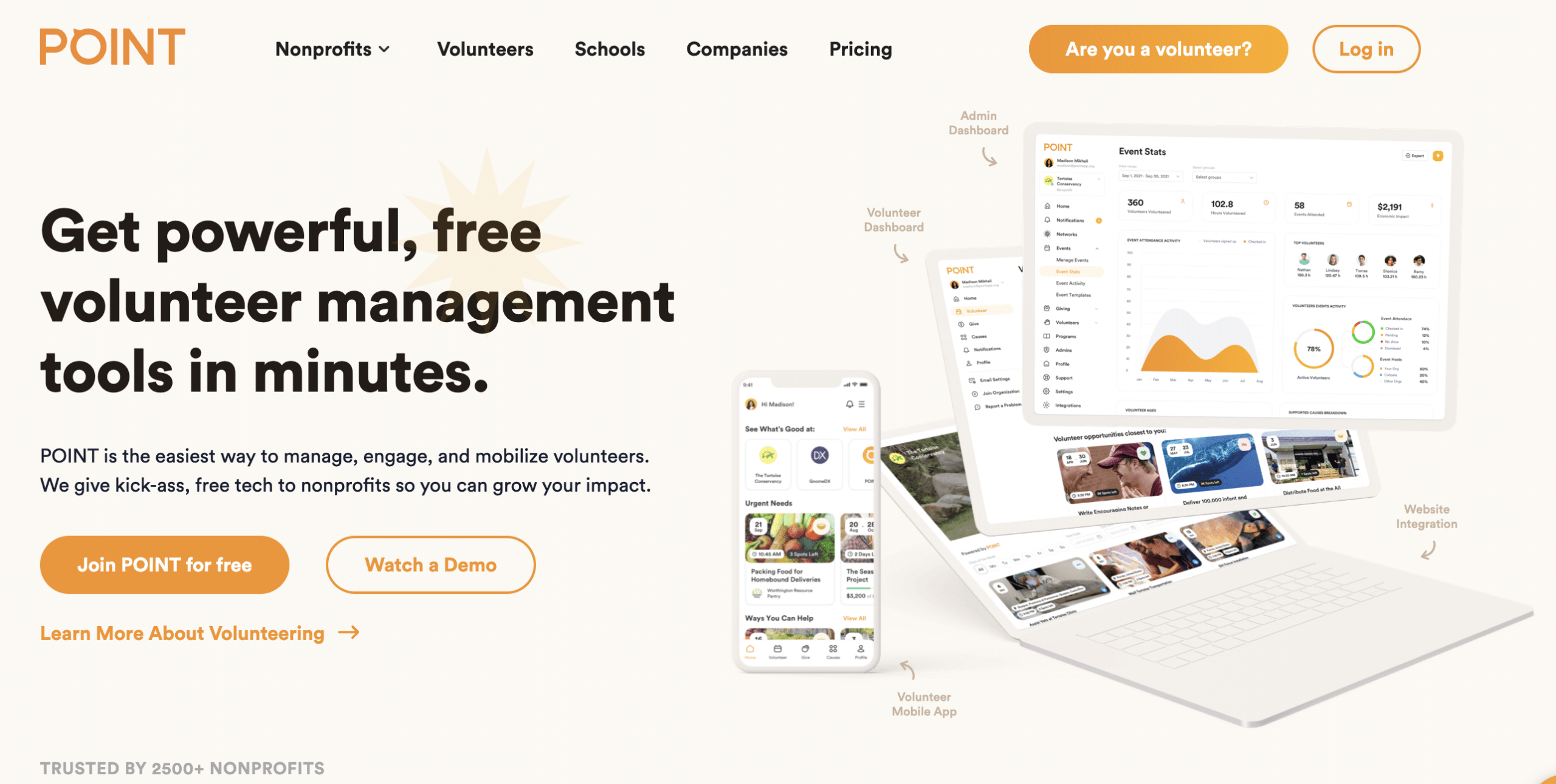 Screenshot shows the homepage of POINT volunteer management software.